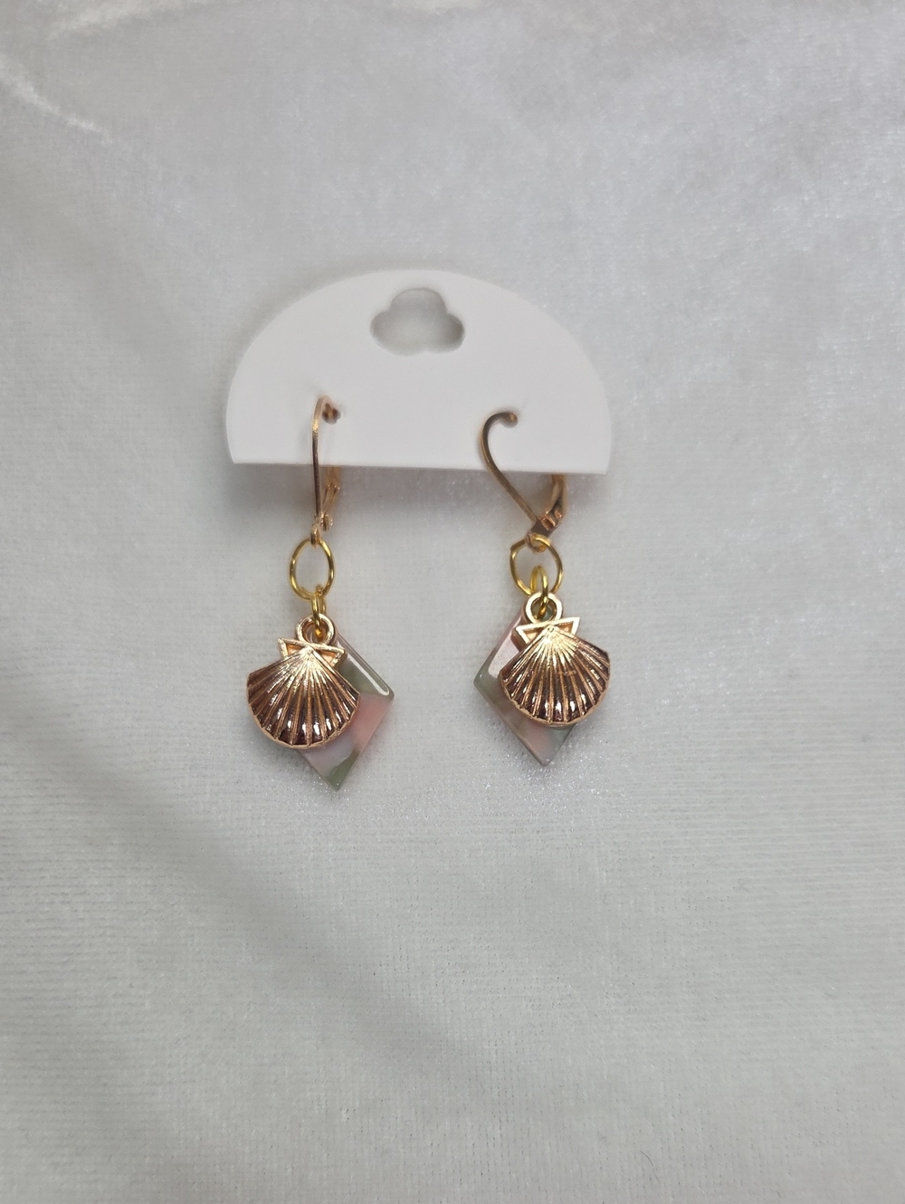 Handcrafted Gold Seashell Pierced Earrings Gold Tone Pink Green Acrylic Diamond